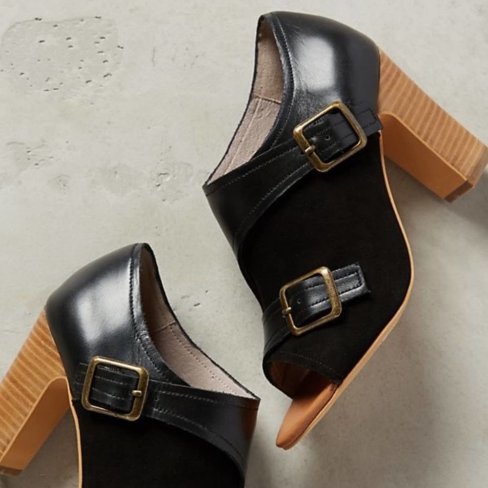 Anthropologie Black Leather & Suede Buckle Block-Heel Mules